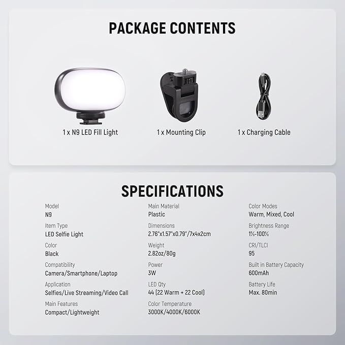 NEEWER Basics Portable Selfie Light, 3W Clip on Phone Small LED Cold Shoe Camera Lighting, 600mAh CRI95 3 Color Modes Dimmable for iPhone iPad Laptop Webcam Zoom Video Conference Recording Vlog, N9