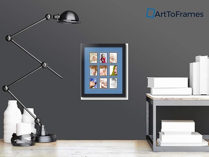 ArtToFrames Collage Photo Frame Double Mat with 9-2.5x3.5 Openings with Satin Black Frame and Liberty Blue mat.