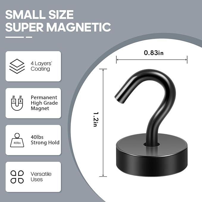 Neosmuk Magnetic Hooks, Cruise Ship Essentials, 40lb+ Heavy Duty Magnetic Hooks for Cruise Cabins, Refrigerator, Grill, Hanging, and Travel | Extra Strong Must-Haves Magnet Hook,Black, 5 Pack