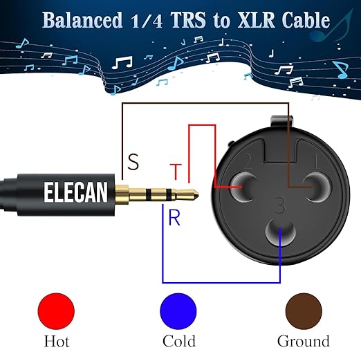 Elecan 3.5mm (1/8 Inch) TRS Aux Male to XLR Female Cable 10 Ft, Balanced Professional Shielded Stereo Microphone Cable Cord,Gold Plated for DSLR Camera Mixer Headphones with 3.5 to 6.35mm Adapter+Ties