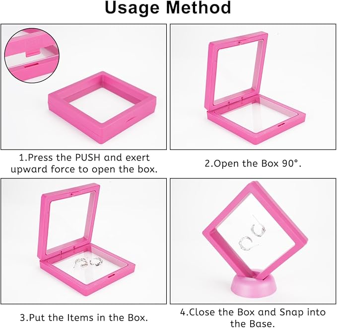 12PCS 3D Floating Frame Case with Stands, Challenge Coin Display Stand Holder, Gift Packing Showcase for Earrings, Jewelry, Medallions, Specimens, 3.54x3.54 Inch (Pink)