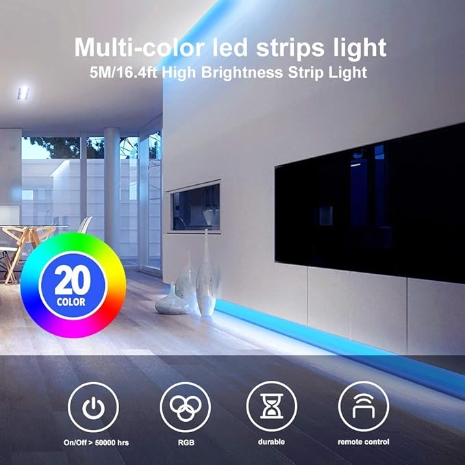 DAYBETTER Led Strip Lights 16.4ft W/ Remote Controller and Power Supply