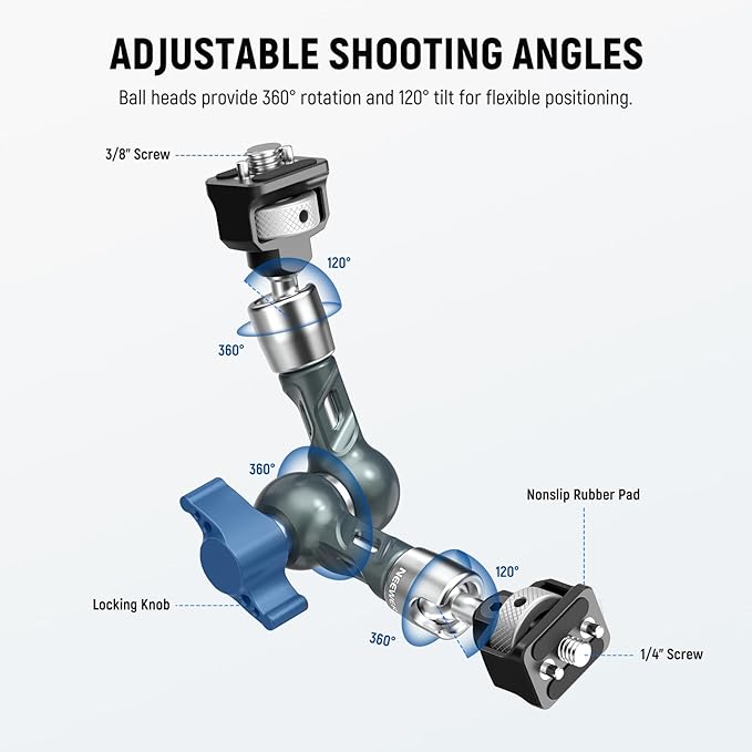 NEEWER 7" Articulating Magic Arm, Camera Monitor Mount Ball Heads Anti Twist Pins 1/4" 3/8" Screws for DSLR Action Camera Webcam Video Light Compatible with SmallRig Cage Rig, Max Load 6.6 lbs, UA082