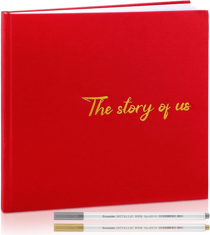 Colarr Hardcover Couples Scrapbook 144 Pages 8.7 x 8.7" Couples Photo Album Scrapbook Journal for 1 Year Wedding Memory Anniversary Photo Book Gift with 2 Markers(Red)