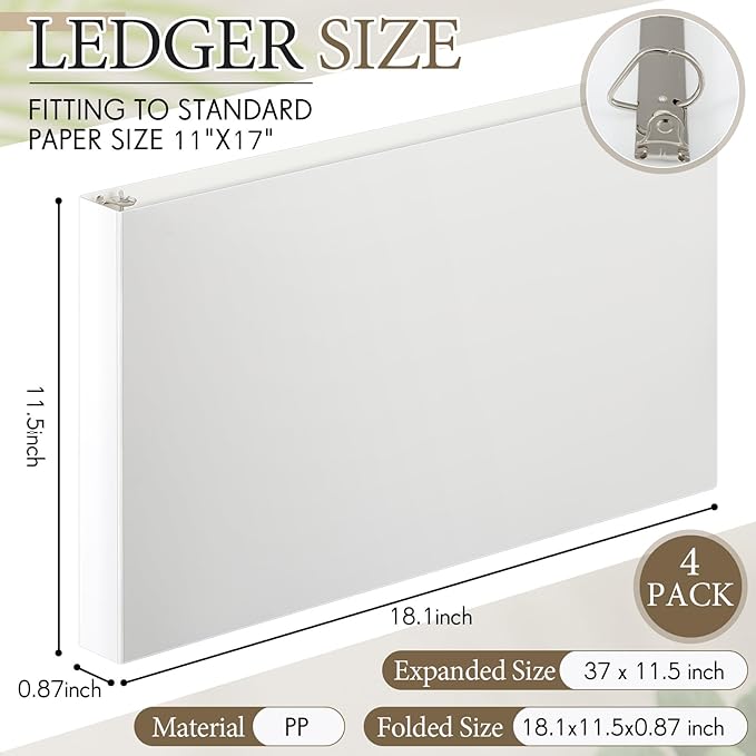 Humyoun 4 Pcs 11 x 17 Inch 3 Ring Binders 0.5 Inch Rings Heavy Duty View D Ring Binders Economy Holds 11" x 17" Paper for Artwork Blueprints, Office, Home, Work Places(White)