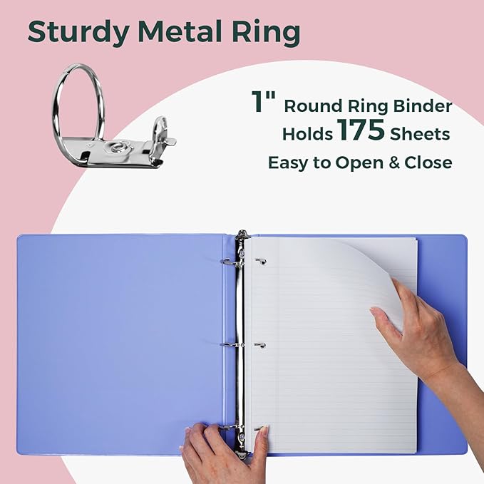 POPRUN 3 Ring Binder 1 Inch, PVC-Free, Holds 175 Sheets of 8.5 x 11 Paper, Extra Durable Organizer with 2 Pockets for School & Office, Heavy-Duty, 1 Pack, Prussian Blue