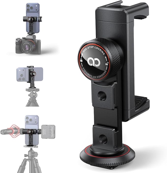 Lamicall Aluminum Phone Tripod Mount with 3 Cold Shoes & Arca Port & 1/4" Thread, [Wider Clamp] Camera Phone Holder Adapter Valentines Day Gift for iPhone 17 Smartphone Tripod Cell Phone Holder