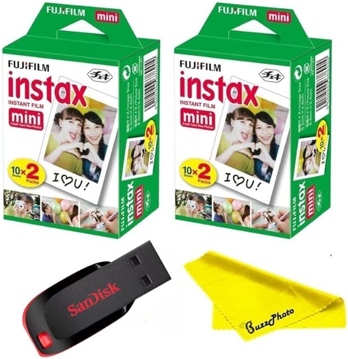 Fujifilm Instax Mini Instant Camera Film with Sandisk 32 GB USB Flash Drive + 2 x Mini Twin Packs (40 Sheets) and Buzz-Photo Microfiber Cleaning Cloth