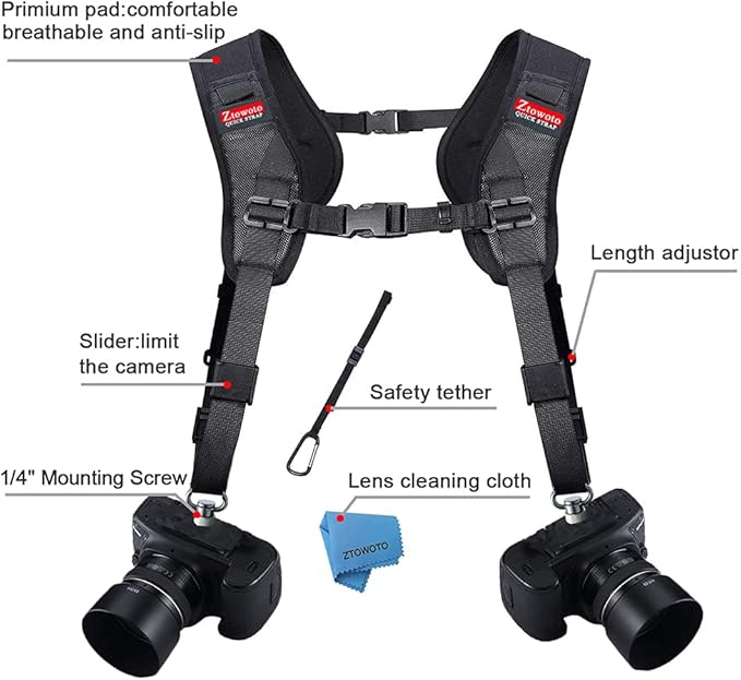 ztowoto Camera Shoulder Double Strap Harness Quick Release Adjustable Dual Camera Tether Strap with Safety Tether and Lens Cleaning Cloth for DSLR SLR Camera