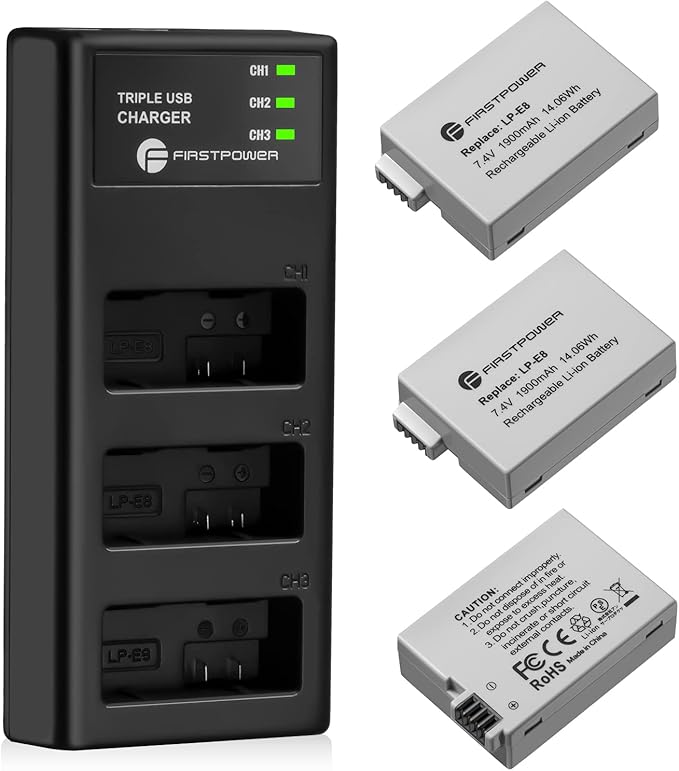 FirstPower LP-E8 Battery 3-Pack and Triple Slot Charger Compatible with Canon EOS Rebel T2i, T3i, T4i, T5i, 550D, 600D, 650D, 700D, Kiss X4, Kiss X5, Kiss X6 Digital Cameras