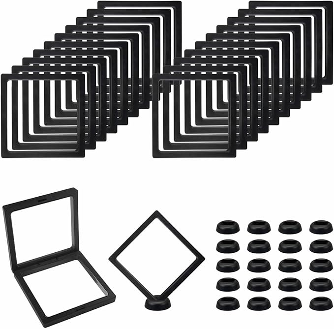 Black 3D Floating Frame , 4.3 x 4.3 x 0.8 inch Coin Display Case with Base , 3D Floating Jewelry Frame Display Holder Stands for Challenge Coins AA Medallions Specimen Jewelry (20 Pack)