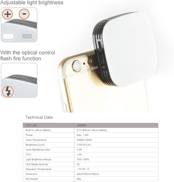 Godox LEDM32 Mini Video Light Smartphone Selfie LED Camera Light with Built-in Lithium Battery for iPhone iPad Sumsung All Kinds Photography Phones