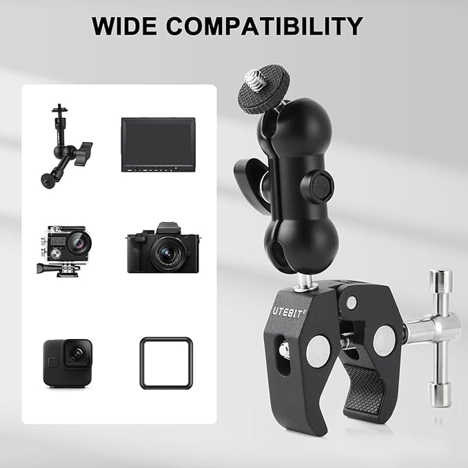 UTEBIT Super Clamp Camera Mount with 360° Ballhead Magic Arm, Super Clamp Mount with 1/4" and 3/8" Thread, Desk/Bike/Bicycle/Motorcycle/ Handlebar for GoPro, Phone, Camera, Monitor, LED Light
