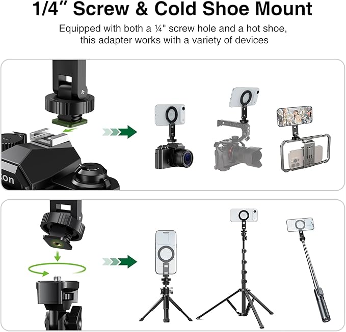 elitehood Magsafe Tripod Mount Adapter with 1/4” Screw & Hot Shoe, Lightweight Compact Cell Phone Tripod Mount for Camera, iPhone Camera Holder with Dual Hinges for iPhone 17 16 15 14 13 Series