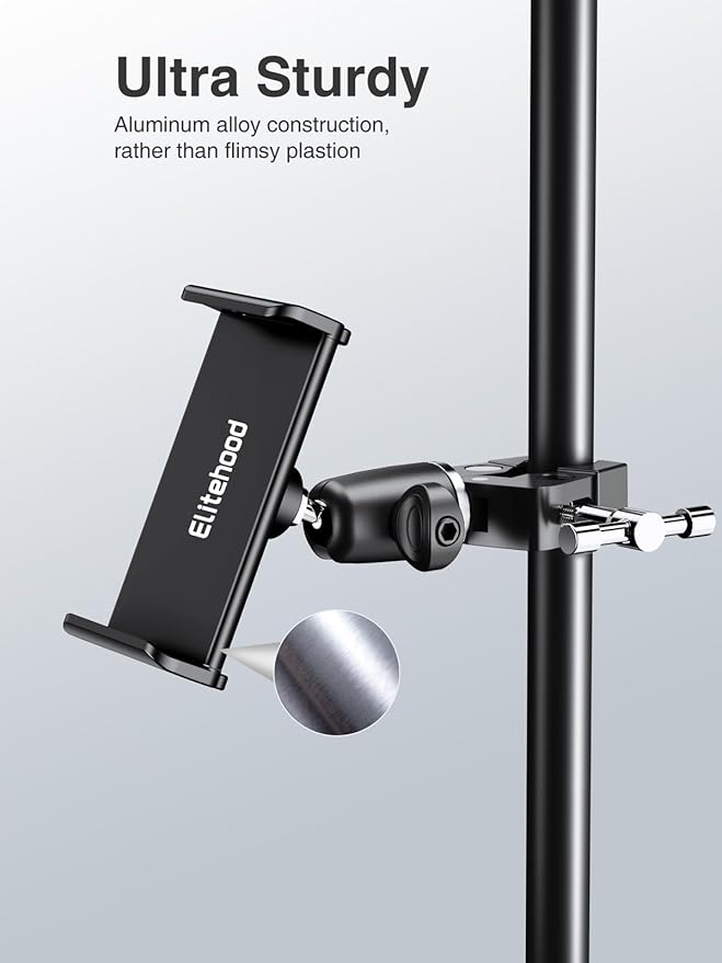 elitehood Metal iPad Holder for Mic Stand, 360° Adjustable Mic Stand Tablet Holder, Aluminum iPad Mount for Music Microphone Stand, Compatible with 4.7-13" Tablets and Cell Phones