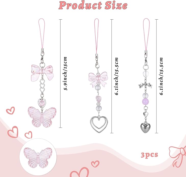 Pink Beaded Phone Wrist Straps, Y2K Phone Case Charms Camera Charm Strap, Lanyard Keychain Wristlet Aesthetic Cellphone Charm