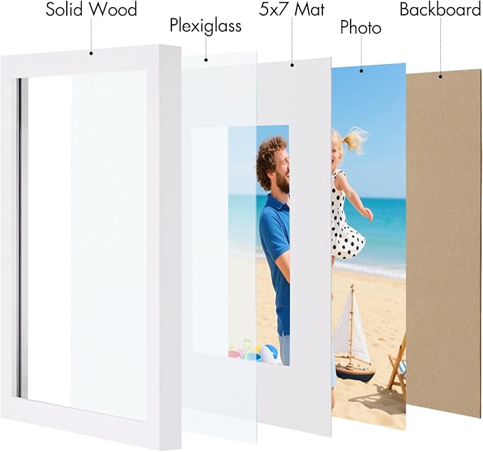 Vittanly 8x10 Picture Frame, Made of Solid Wood and Shatterproof Plexiglass, Display Pictures 5x7 with Mat or 8x10 without Mat, Wooden Photo Frame for Wall Mounting or Tabletop Display, White, 1 Pack