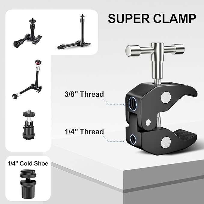 Magic Arm with Super Clamp Kit, 9.8" Adjustable Magic Arm Camera Mount with 1/4" & 3/8" Threads, 360° Rotation Adjustment for Monitor Flash LED Light Microphone Camera Cage Action Cam