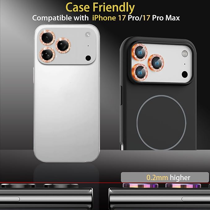 Camera Lens Protector for iPhone 17 Pro/17 Pro Max, Aluminum Alloy Tempered Glass Lens Protector with Installation Frame Fits for iPhone 17 Pro/17 Pro Max (Glitter Orange)