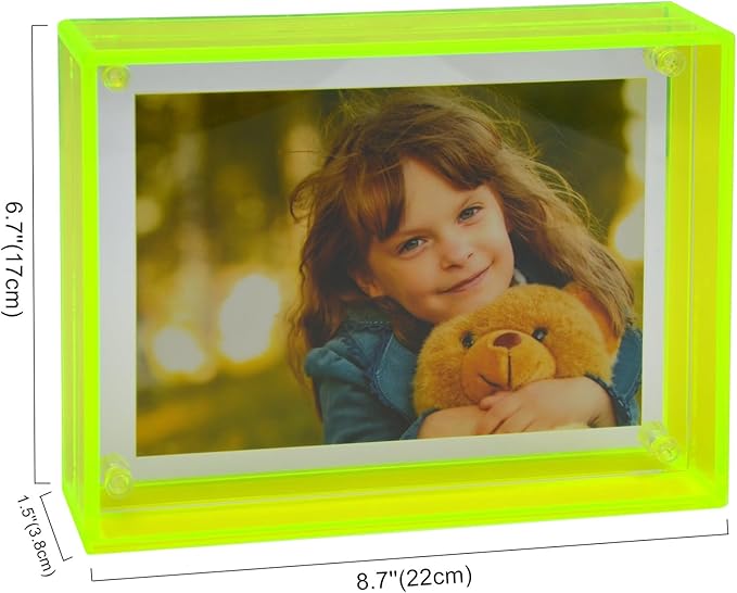 Gelite Acrylic 5X7 Picture Frame to Display 5x7 4x6 Pictures Mat-free Neon Floating Photo Frame for Wall and Tabletop, Neon Green