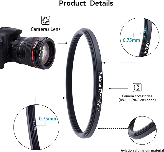 77mm to 67mm Camera Filters Ring,Step-Down Filters Ring Compatiable All Brands Ø77mm Lens to Ø67mm Camera Accessory.Made of CNC.