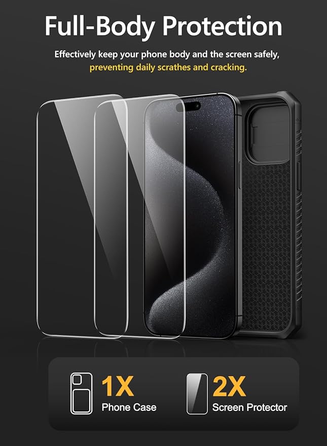 Vihibii for iPhone 15 Pro Max Case with Card Holder (4 Cards), Built-in 2X Tempered Glass Screen Protector & Slide Camera Cover & Kickstand, Military Grade Drop Protection, Rugged Wallet Case, Black