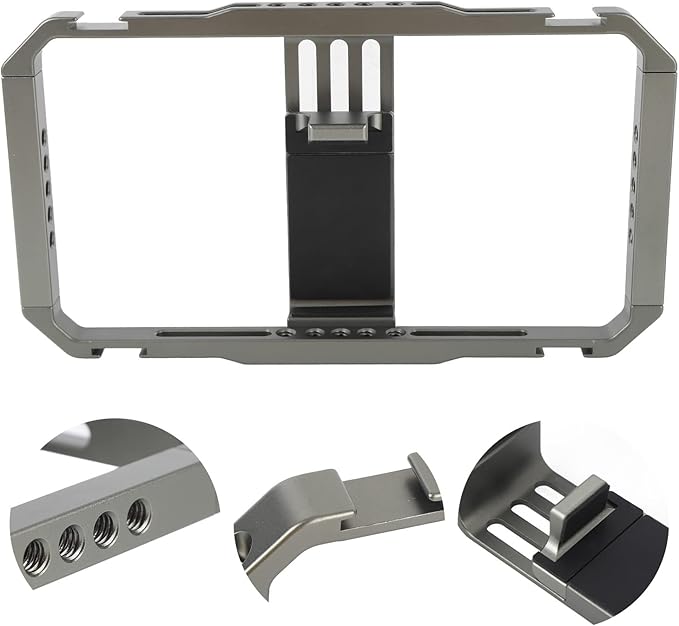 Smartphone Video Rig Camera Cage, Handheld Phone Video Stabilizer with Dual Handles, Aluminum Alloy Vlogging Cage with Cold Shoe and 1/4" Mounts for Phones 2.5-3.4in