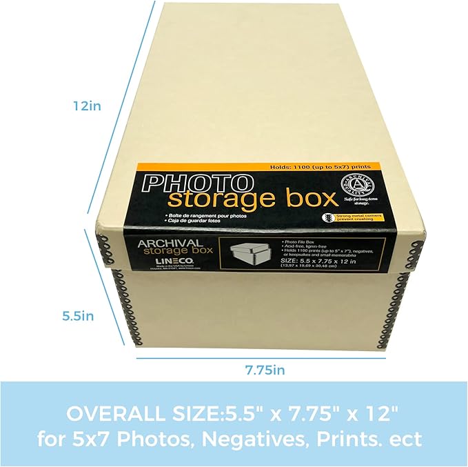 Lineco Archival Photo Storage Box, Holds up to 1100 of 5x7 Pictures, 4x6 Photograph Container with Removable Lid. Preserve Snapshot, Negatives, Prints, Films, Card, 5"x7"x12", Tan, 2 Pack
