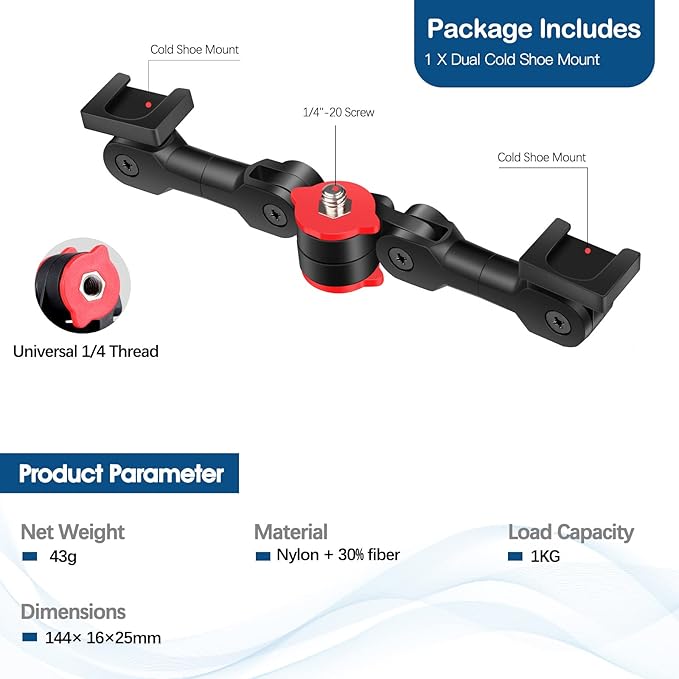 ChromLives Dual Cold Shoe Mount Universal Cold Shoe Adapter with 1/4" Thread Holes Rotatable Camera Shoe Extension Bracket for Microphone,Led Light