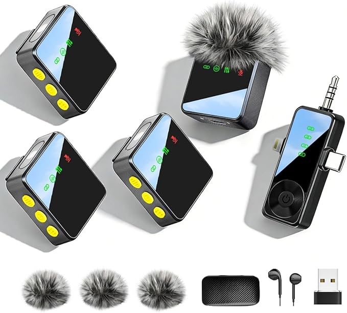 3-in-1 Wireless Lavalier Microphone for iPhone, Android, Cameras - Mini Microphone with Noise Reduction, 328FT Transmission and 40H Battery Life, 4 Mic for Video Recording, TikTok and YouTube