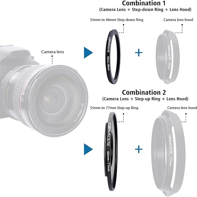 10Pcs 55mm Filter Ring Adapter Set,Metal Step-Up Ring for All Brands UV ND CPL (55-40.5mm,55-46mm,55-49mm,55-52mm,55-58mm,55-62mm,55-67mm,55-72mm,55-77mm,55-82mm)