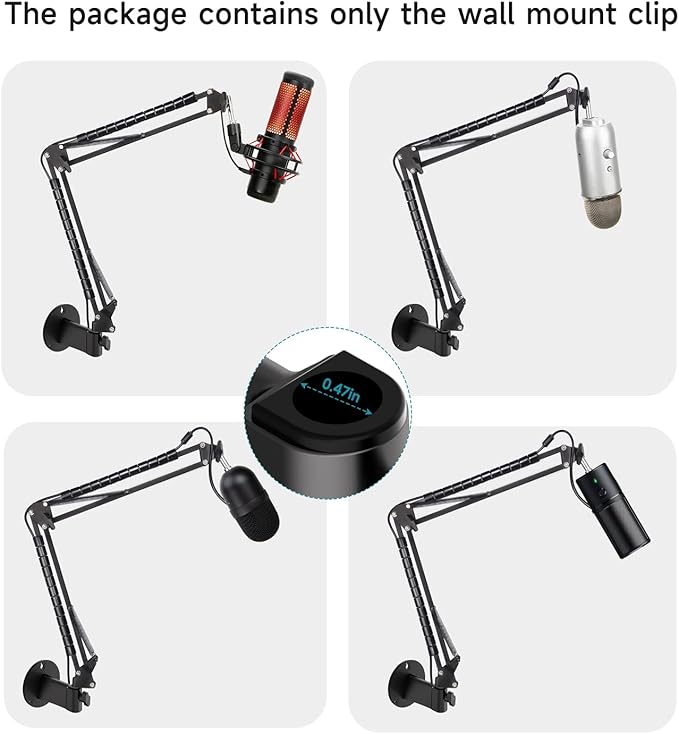 YOUSHARES Wall Mount Boom Arm - Microphone Holder for Stand, Vertical Surface Mount and Freely Swiveling Metal Clip Suitable for Saving Desk Space, Mic Stand Accessories