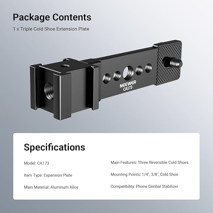 NEEWER Triple Cold Shoe Mount Plate for Mic LED Light, Metal Extension Bracket Microphone Stand Rig 1/4" 3/8" Compatible with DJI OSMO Mobile Zhiyun Feiyu Vimble Hohem Phone Gimbal Stabilizer, CA173