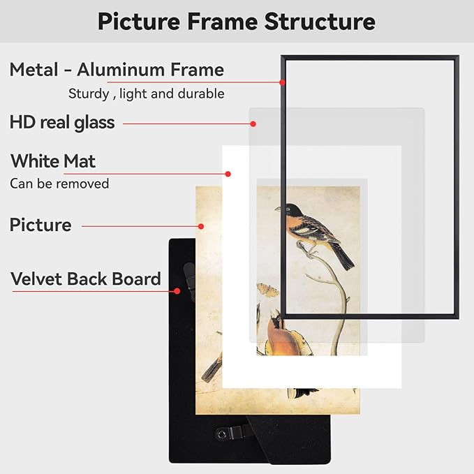 BKABOT 10x14 Picture Frame, Black Aluminum Metal Photo Frames with HD Glass, Fits 8x10 with Mat or 10 x 14 without Mat, Display for Wall