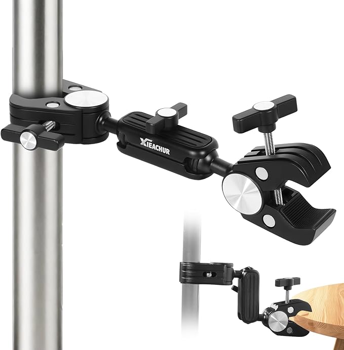 Super Clamp Double Camera Mount with 1/4 Inch Screw Adapter Clip Bracket Magic Arm Dual Ball Head for Motorcycle Chair Pole Tripod Light Stand Photo Boom Stand Cross Bars