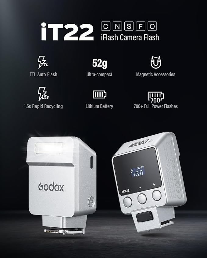 Godox iT22 C Mini Camera Flash for Canon with 7.4V 300mAh Battery Manual/TTL Modes 700+Flashes 1.5s Recycle Hot Shoe Flash with Diffuser/Color Filters Accessories for Canon Camera (Silver)