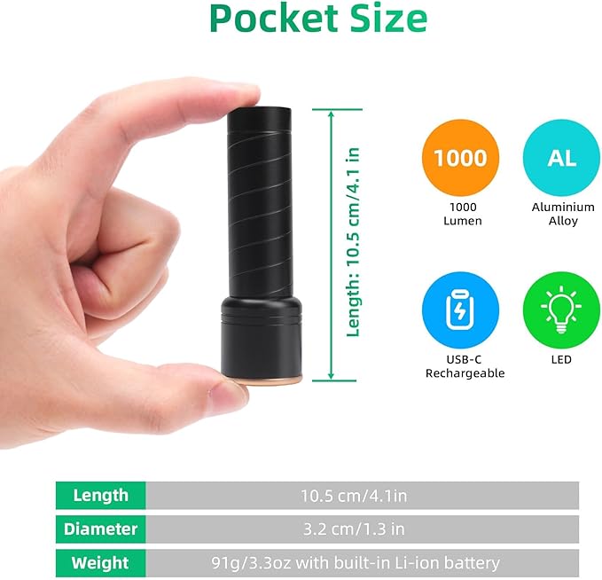 SEVENKA 2 Small Rechargeable Flashlights USB-C, 4.1in Zoomable LED Flashlight High Lumen, Compact, Powerful, Portable LED Torch, Pocket-Size Bright Tactical Flashlight for Emergency, Camping, Hiking