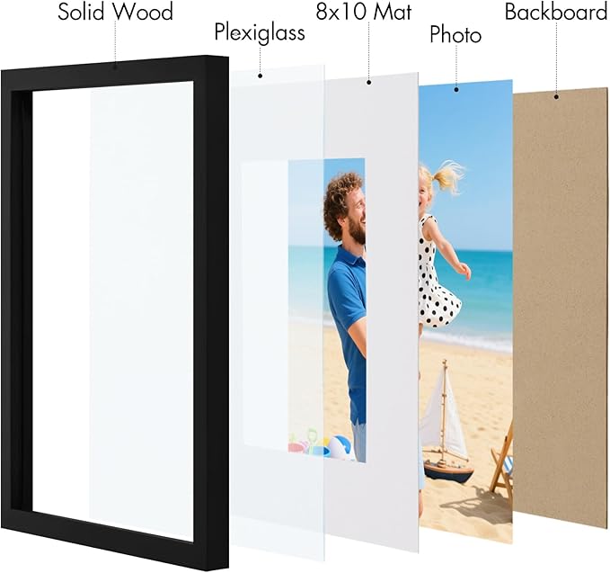 Vittanly 11x14 Picture Frame, Made of Solid Wood and Shatterproof Plexiglass, Display Pictures 8x10 with Mat or 8x10 without Mat, Wooden Photo Frame for Wall Mounting or Tabletop, Black, 1 Pack