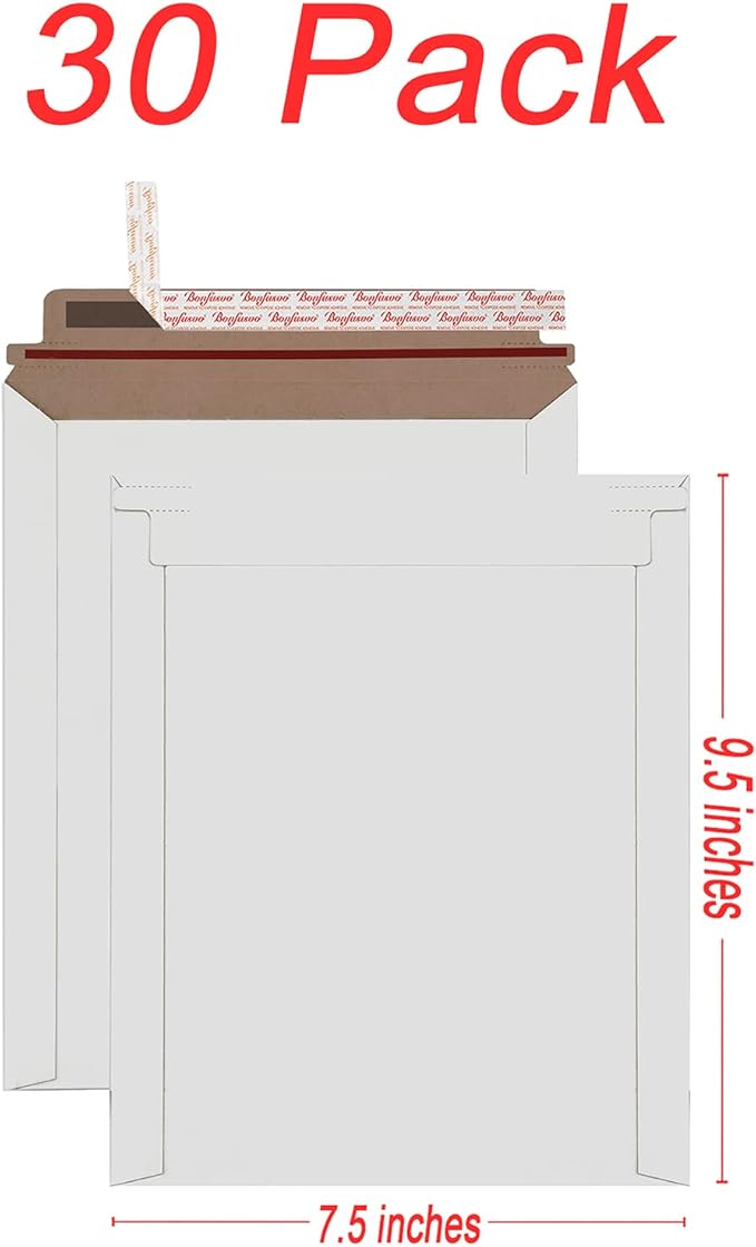 Bonfasvo Rigid Mailers 30 Pack 7.5 x 9.5 inches White Self Seal Stay Flat Bulk Cardboard Kraft No Bend Mailers Peel and Seal for Document Photos Pictures Papers Files CD
