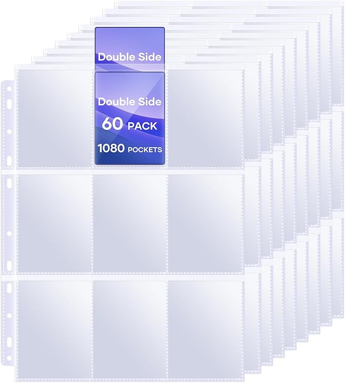 TiopLior 60 Pack Sheet Protectors,9 Pocket Double Sided Card Sleeves Page Protectors for 3 Ring Binder, 1080 Pockets Baseball Card Binder,Fit for MTG, TCG, Baseball Standard Cards