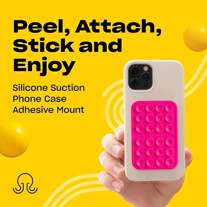 OCTOBUDDY Classic - Silicone Suction Phone Case Adhesive Mount - Hands-Free, Strong Grip Holder for Selfies & Videos - iPhone & Android Compatible - 2.25″ x 3.25″, Hot Pink