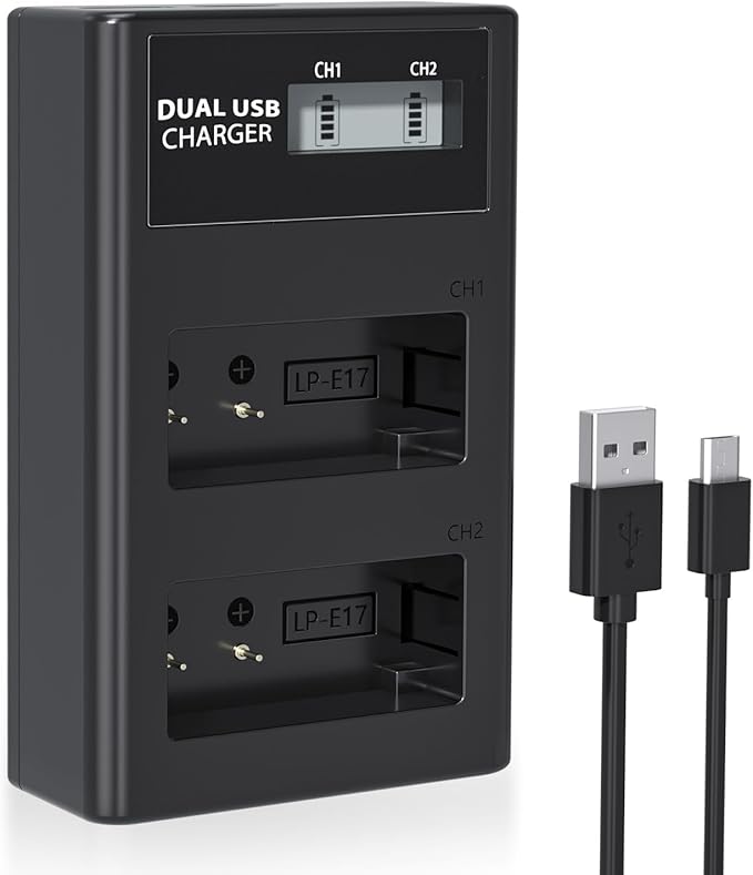 LP LP-E17 Battery Charger, LCD Display & USB-C Dual Slot Charger Compatible with Canon EOS Rebel T7i, T6i, T6s, SL3, SL2, 77D, 9000D, 8000D, 800D, 760D, 750D, 200D, M6, M5, M3, Kiss X8i DSLR Cameras
