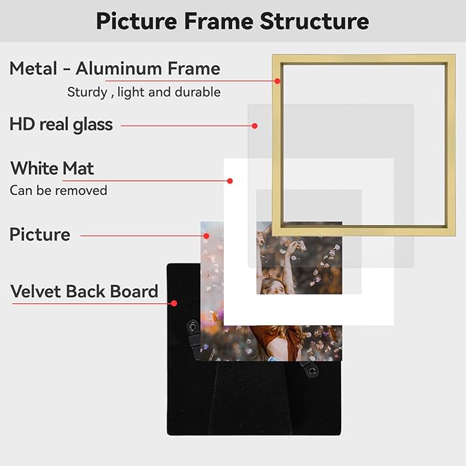 BKABOT 4x4 Picture Frame, Brass Metal Photo Frames with HD Glass, Fits 3x3 with Mat or 4 x 4 without Mat, Display for Wall and Table, 1 Pack