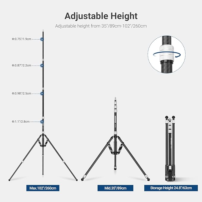 NEEWER Carbon Fiber Tripod Stand w Reversible Legs, 35"-102" Portable Lightweight Photography Light Stand for Strobe Softbox Ring Light Action Cam DSLR Streaming Recording, 6.6lb/3kg Max Load, ST260C