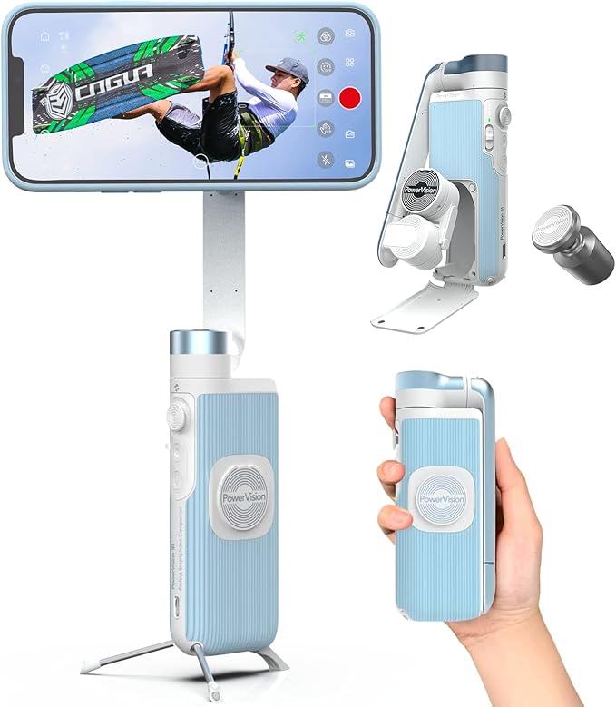 PowerVision S1,Smartphone Gimbal - Portable, Wireless Charging, 3-Axis Stabilization, Face Tracking, Gesture Control, Anti-Shake, Compatible with YouTube/TikTok/Vlogging (Car Mount Kit, Blue)