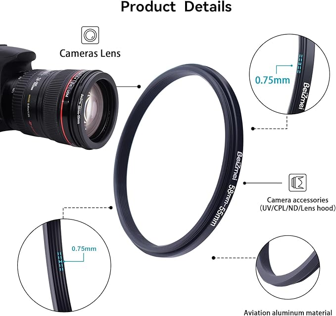 58mm to 55mm Camera Filters Ring,Step-Down Filters Ring Compatiable All Brands Ø58mm Lens to Ø55mm Camera Accessory.Made of CNC.