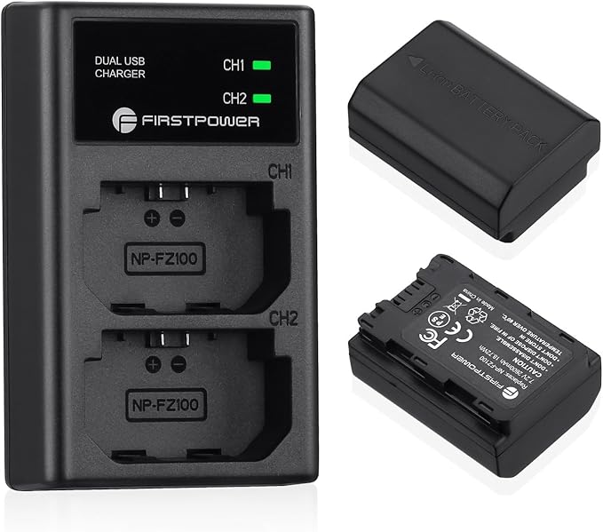 FirstPower NP-FZ100 Battery & Dual USB Charger for Sony A7III A7IV A7RIII A7RIV A7SIII A7C A6600 A1 A9 A9II FX3 FX30 ZV-E1 ZV-E10II, 2-Pack 2600mAh High Capacity