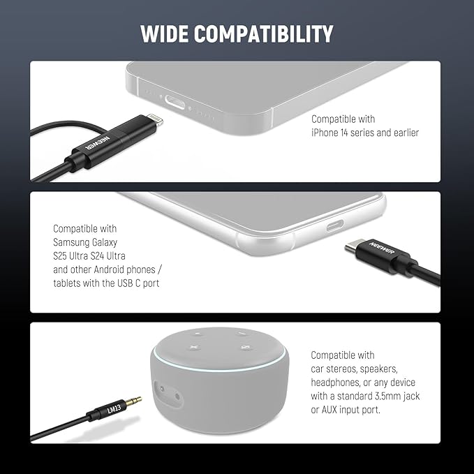 NEEWER 3.3ft/1m 2 in 1 AUX Cable, 3.5mm TRS to USB C/iOS Audio Cable Compatible with iPhone 16 Pro Max 15 14 13 12 Android Samsung S25 Ultra S24 S23 Smartphone Tablet Headphone, LM13