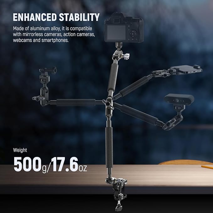 NEEWER Magic Arm Camera Mount, Overhead Desk Phone Mic Stand Holder, 22" Articulating Boom Arm C Clamp 1/4" 3/8" Threads for ARRI for Microphone Webcam Action Camera Video Light, Cleaning Cloth, UA057