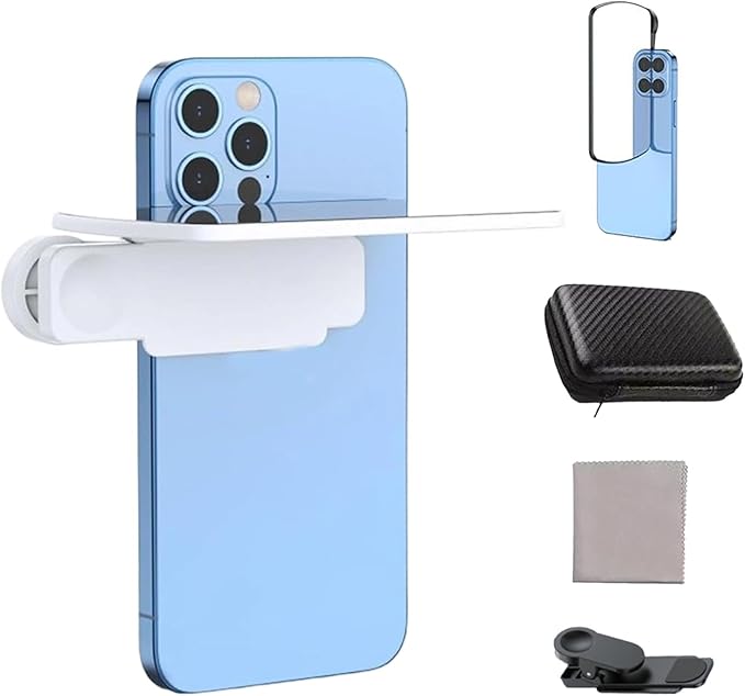 Mirror Effect Lens - Capture Stunning Reflections Instantly, Smartphone Camera Mirror Reflection Clip Kit for iPhone and All Phones, Adjustable HD Glass Smartphone Photography Flip for Travel (White)